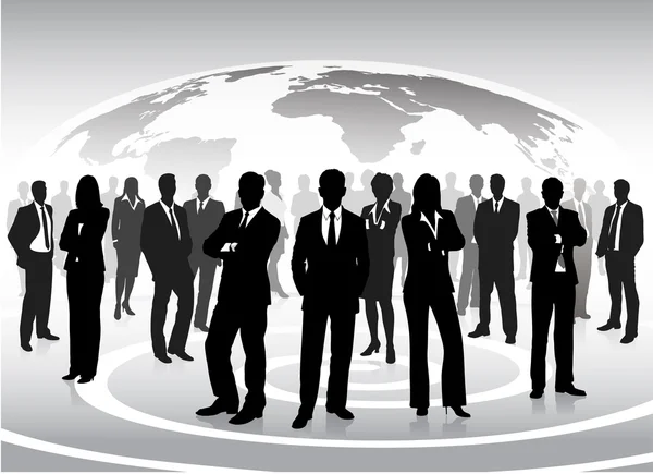 Silhouettes of businessmen against a planet — Stock Vector