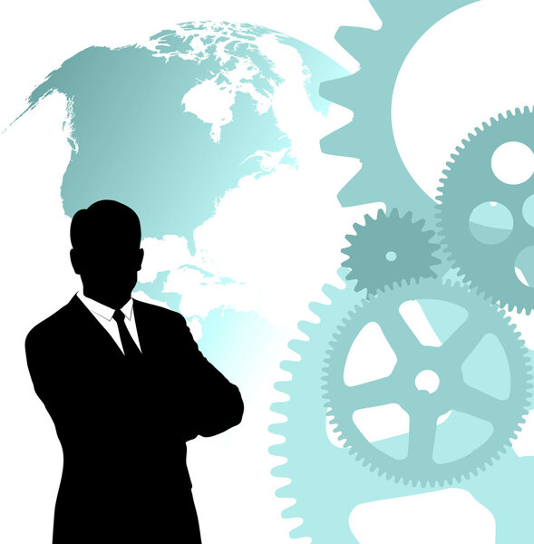 Бизнесмен на абстрактном техническом фоне
