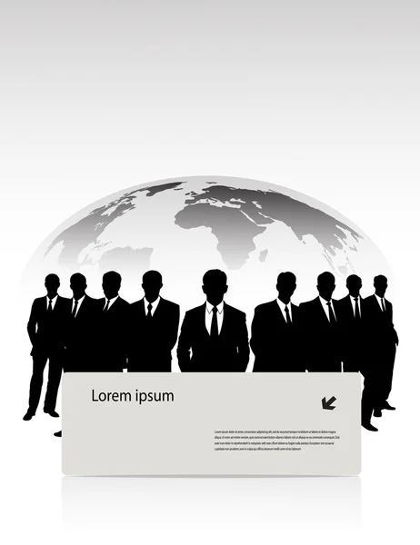 Groupe d'hommes d'affaires contre une planète avec une bannière — Image vectorielle