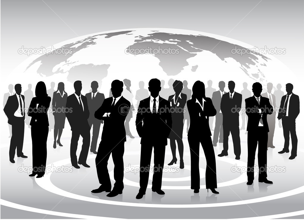Silhouettes of businessmen against a planet