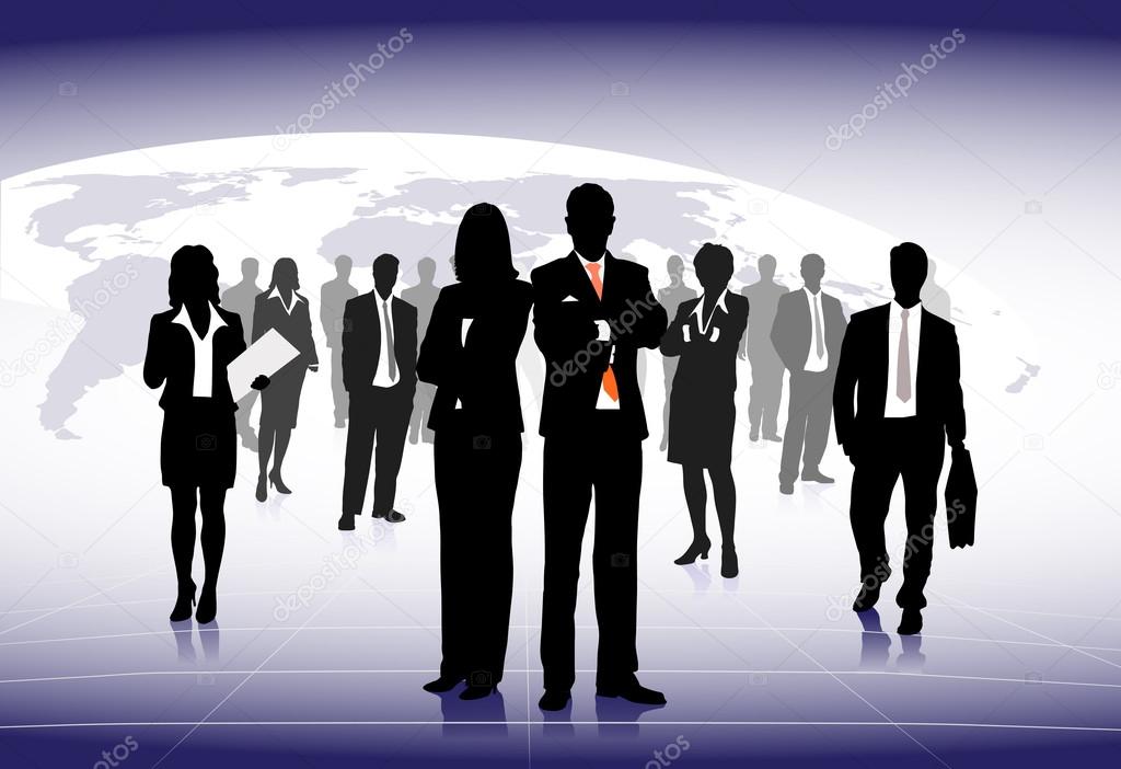 Silhouettes of businessmen against a planet