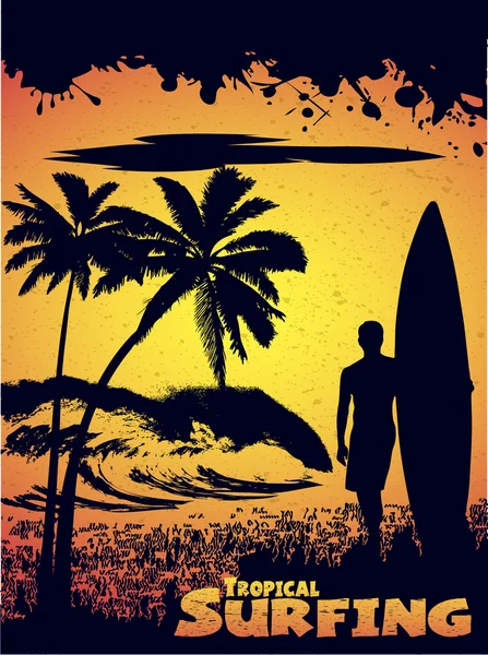 Tropik bir plajda sörfçü silueti.