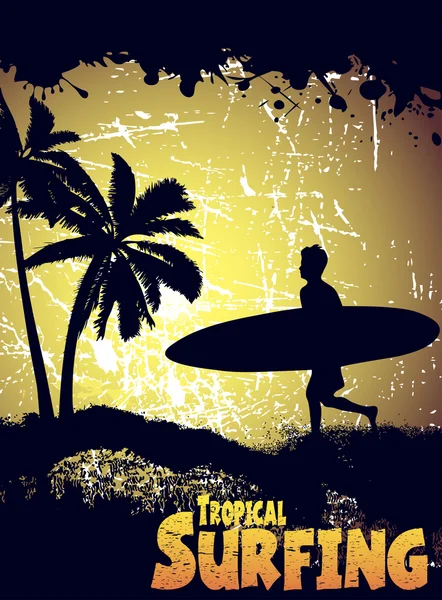 Silhuett av en surfare på en tropisk strand — Stock vektor