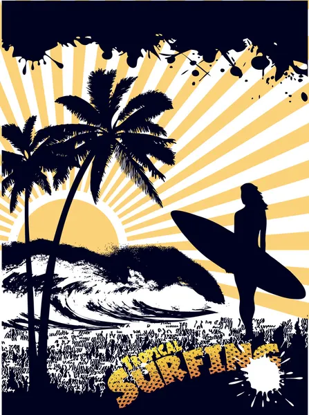 Silhouette d'un surfeur sur une plage tropicale — Image vectorielle