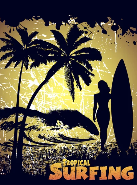 Silhouette d'un surfeur sur une plage tropicale — Image vectorielle