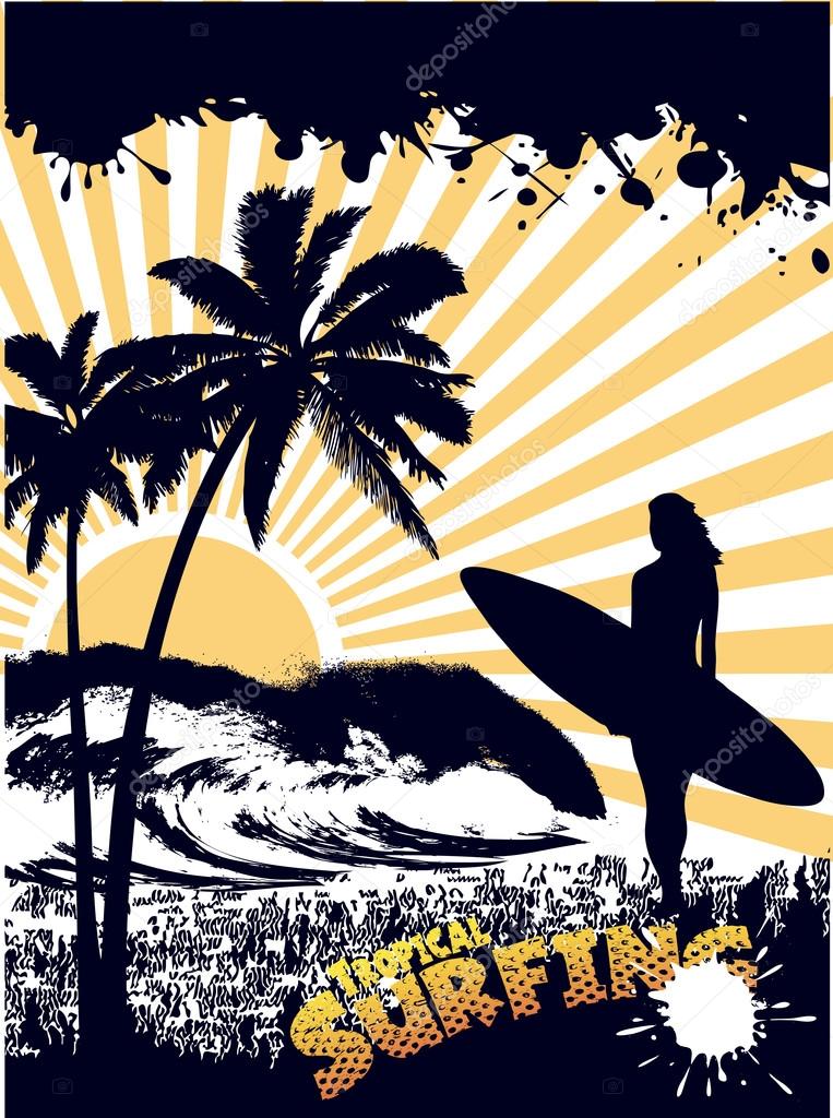 Silhouette of a surfer on a tropical beach