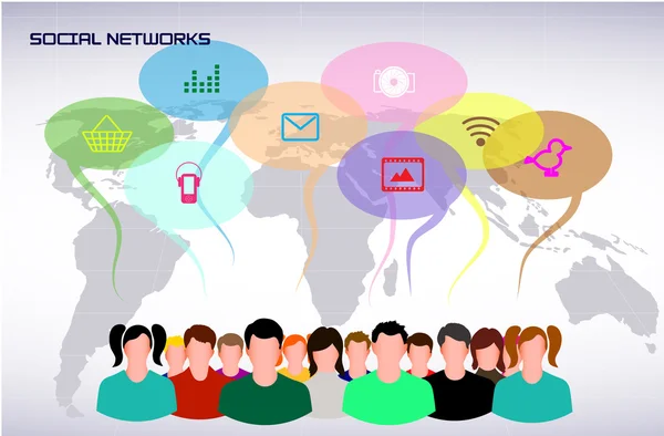 Icônes de personnes sur un fond de la planète symbolise le réseau social — Image vectorielle