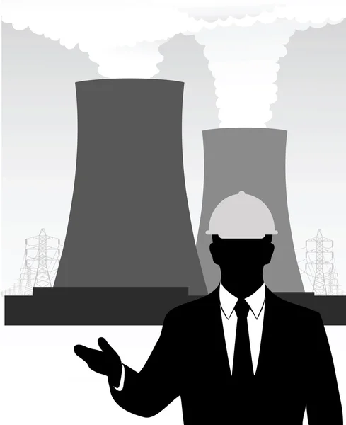 Affärsman på bakgrunden av ett kärnkraftverk — Stock vektor