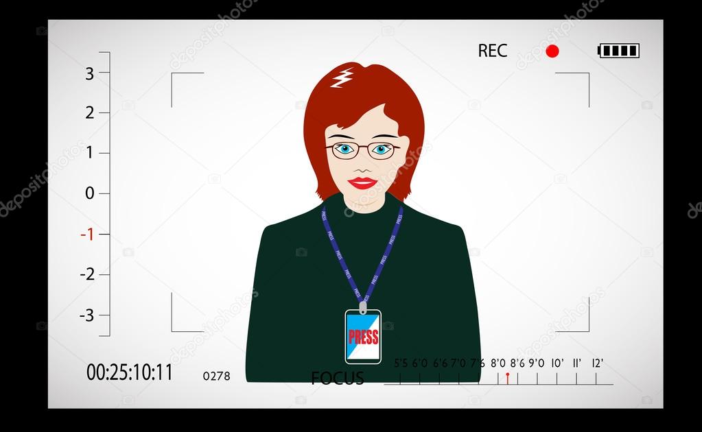 Journalist in the video camera view-finder