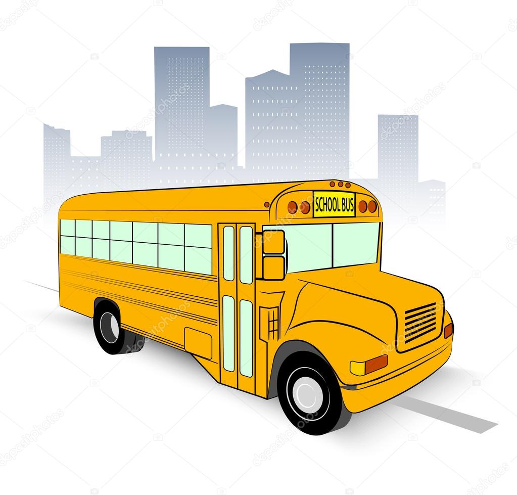 School bus on city background