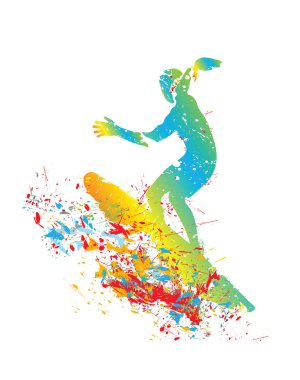 Grunge sıçramalarına gelen sörfçü silüeti