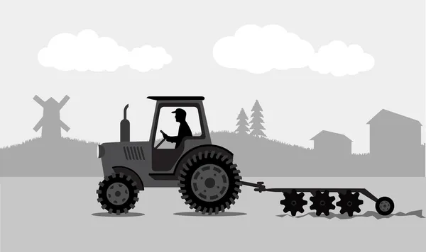 Tractor processes the earth a rural landscape — Stock Vector