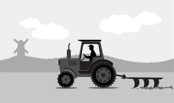 Traktor proses bumi lanskap pedesaan - Stok Vektor