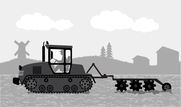 Campo de arado del tractor — Vector de stock