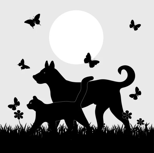 Кошка и собака гуляют с бабочками в парке — стоковый вектор