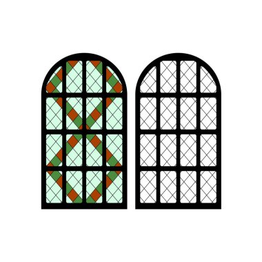 Gotik pencereler. Eski çerçeveler. Kilisenin vitraylı pencereleri