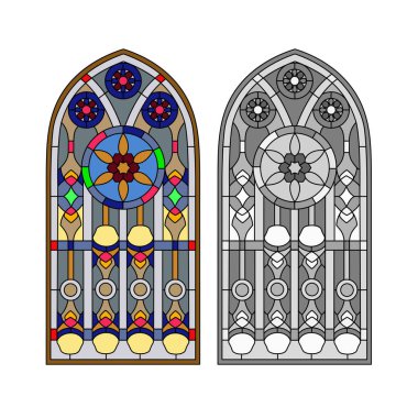 Gotik pencereler. Eski çerçeveler. Kilisenin vitraylı pencereleri