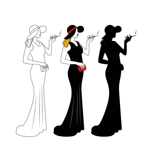 Silhouette Elegant Lady Cigarette Her Hand — Image vectorielle