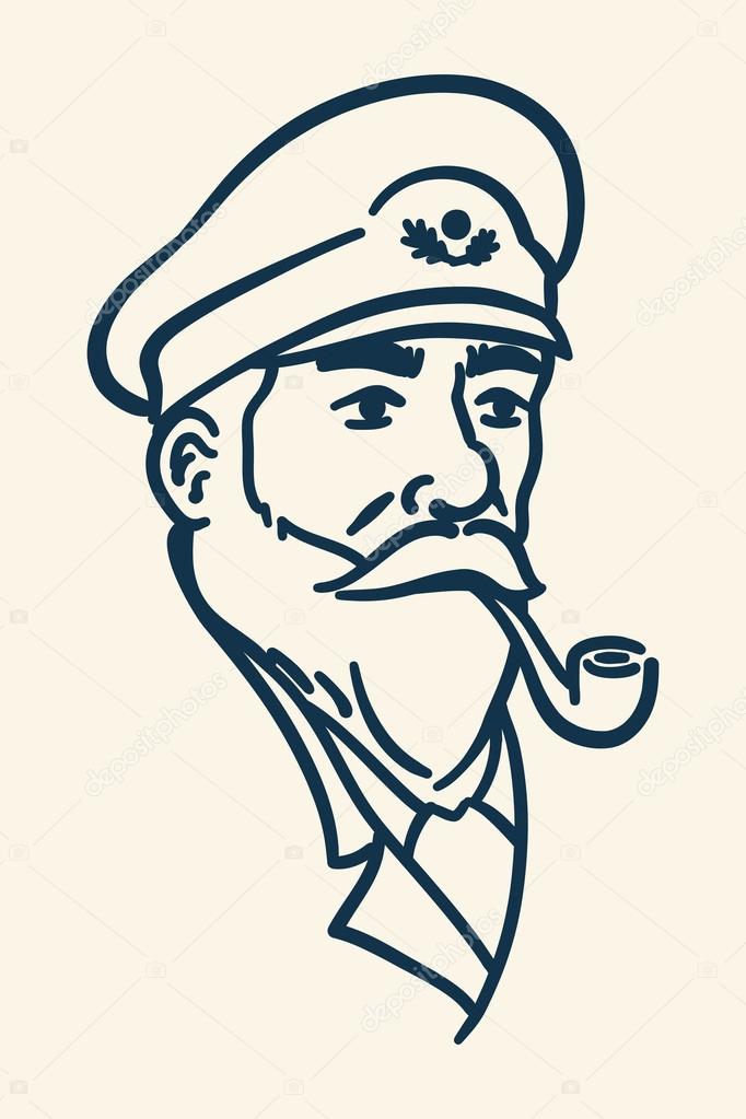 Vintage illustration of bearded boat captain smoking pipe over white background