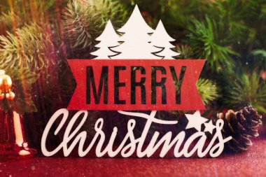 Kar ve kağıt kağıtlarla dolu Noel ağacı dalları. Düz yatıyordu. Doğa Yeni Yıl Konsepti.