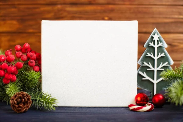 Wooden Table Decorated Christmas Gifts Background Copy Space Mockup Merry — Stock Photo, Image