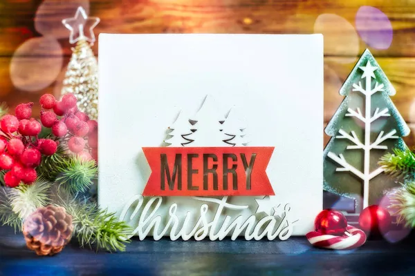 Tavolo Legno Decorato Con Regali Natale Sfondo Con Copia Mockup — Foto Stock