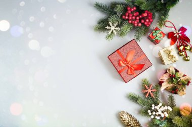 Ağaç dalları, kahverengi doğal çam kozalakları ve karlı kırmızı böğürtlenlerden oluşan bir çerçeve. Üst manzara, düz uzanma