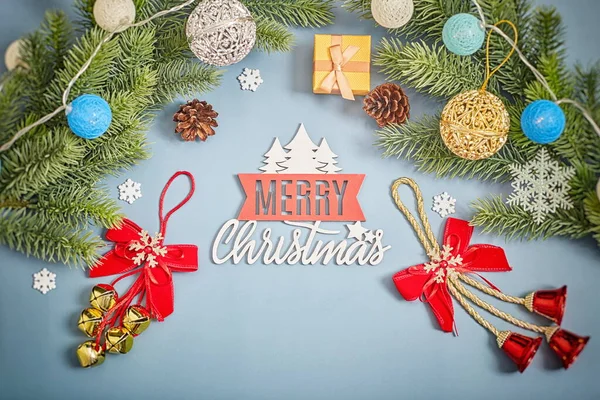 Weihnachten Hintergrund Mit Tanne Und Dekor Draufsicht Mit Kopierraum Weihnachtskomposition — Stockfoto
