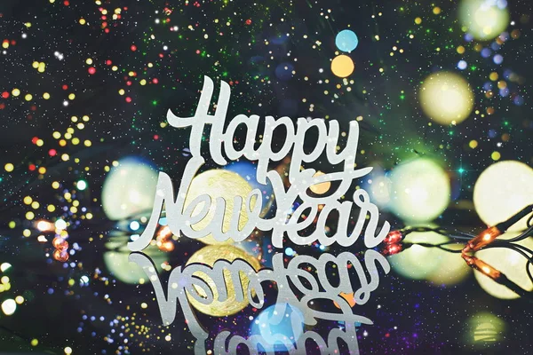 Nowy Rok Szczęśliwego Nowego Roku Ozdobić Kulką Bawełnianą Led Czarnym — Zdjęcie stockowe