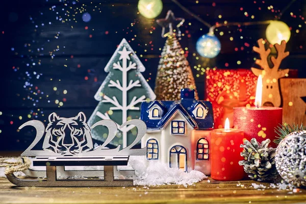 Weihnachtsdekoration Weihnachtsbaumbeleuchtung Festlicher Hintergrund Mit Weihnachten — Stockfoto