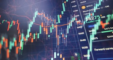 Bilgisayar monitöründeki profesyonel teknik analiz için hacim analizi de dahil olmak üzere göstergeler. Temel ve teknik analiz kavramı.