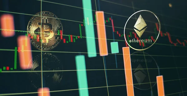 Bitcoinová Zlatá Mince Obchodování Kryptoměnové Burze Trendy Směnných Kurzech Bitcoinů — Stock fotografie