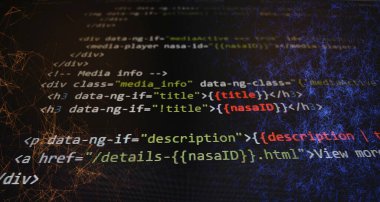 Programming code screen of software developer. Software Programming Work Time. Code text written and created