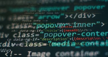 Programming code screen of software developer. Software Programming Work Time. Code text written and created