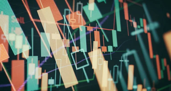 stock image Indicator, red and green candlestick chart on blue theme screen, market volatility, up and down trend. Stock trading, crypto currency background.