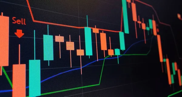 Indicator Red Green Candlestick Chart Blue Theme Screen Market Volatility — Fotografia de Stock