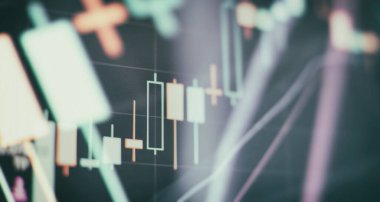 Koyu mavi arkaplan üzerinde bulanık büyüyen dijital grafik arayüzü. Borsa ve finans kavramı