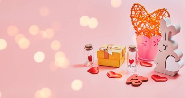 Gift box with beautiful red ribbon and rose, concept of Valentine's, anniversary, mother's day and birthday greeting, copyspace, topview. Flat lay, top view, copy space