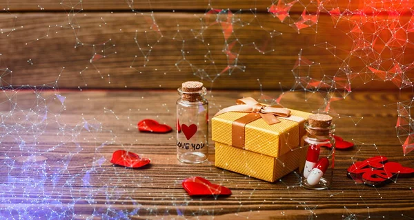 Valentine Day Wooden Table Defocused Lights Love Medicine Love You — Foto Stock