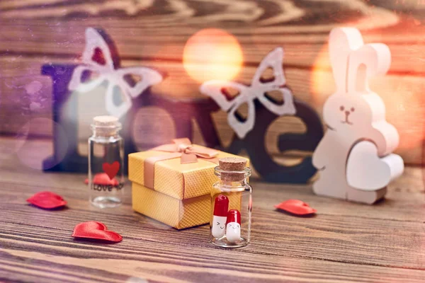 Valentine Day Wooden Table Defocused Lights Love Medicine Love You — 스톡 사진