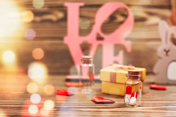 Valentine Day Wooden Table Defocused Lights Love Medicine Love You — ストック写真