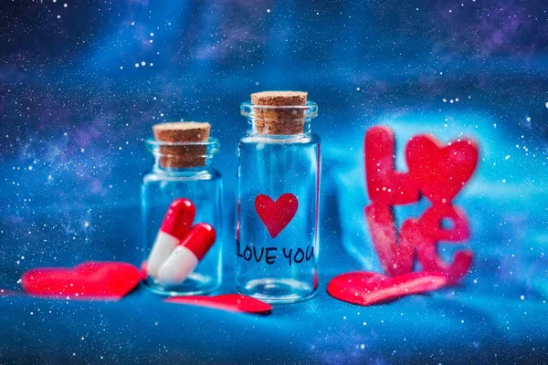 Love Medicine Love You Tablets Jars Kissing Happy Valentine Day — Stock Photo, Image