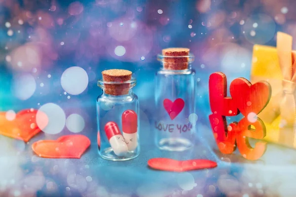 Love Medicine Love You Tablets Jars Kissing Happy Valentine Day — Stock Photo, Image