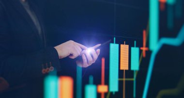 Finans İçeriği Pazarlama. İş Analitik Veri Yönetim Sistemi koyu arkaplan üzerine kavramı.