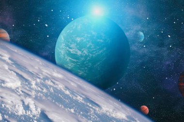 Kaotik uzay arka planı. Uzay keşiflerinin güzelliğini gösteren gezegenler, yıldızlar ve galaksiler. Bu görüntünün elementleri NASA tarafından sağlanmıştır..