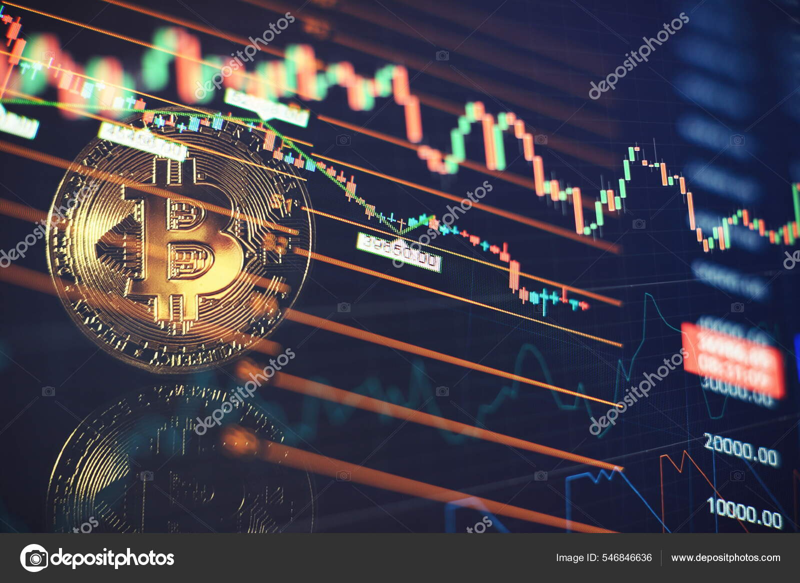 キャンドルスティックグラフとデジタル背景を持つ金のビットコイン アイコン文字を持つ金のコイン —  ストック編集用写真©Maximusdn#546846636