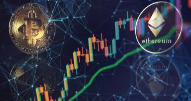 Kripto para birimi bitcoin altın sikke ve çözülmüş grafik arkaplan.