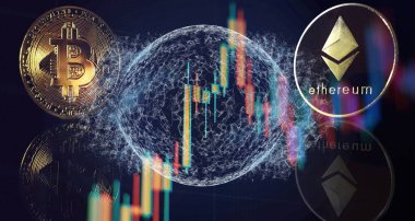 Mum çubuğu grafiği ve dijital arkaplanı olan altın bitcoinler. Simge harfli altın sikke B-Madencilik veya engelleme teknolojisi