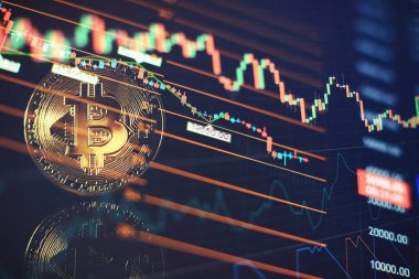 Mum çubuğu grafiği ve dijital arkaplanı olan altın bitcoinler. Simge harfli altın sikke B-Madencilik veya engelleme teknolojisi