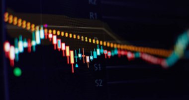 Bir bilgisayarın monitöründeki profesyonel teknik analiz için hacim analizi de dahil olmak üzere çeşitli göstergelere sahip finansal araçların grafikleri.